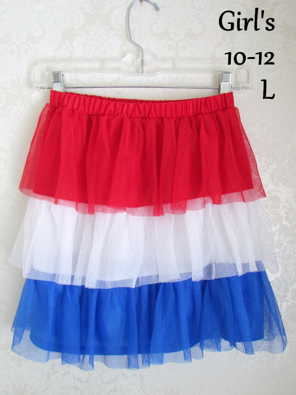 GIRL'S PATRIOTIC TUTU SKIRT, L, 10-12, RED, WHITE & BLUE WONDER NATION, NWOT